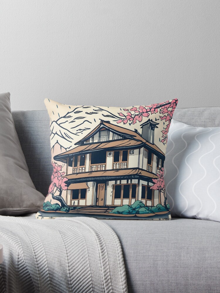 Thumbnail 1 of 4, Pillow, Old abandoned Traditional Japanese house Minka Drawing designed and sold by Patricks-Art.