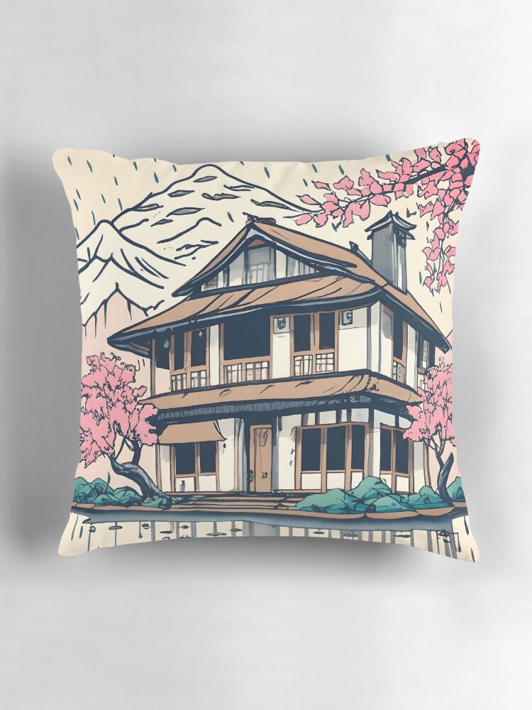 Thumbnail 3 of 4, Pillow, Old abandoned Traditional Japanese house Minka Drawing designed and sold by Patricks-Art.