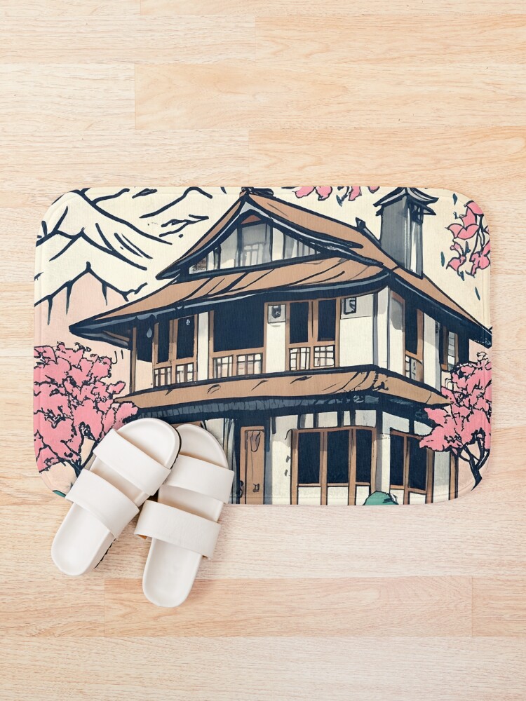 Thumbnail 1 of 6, Bath Mat, Old abandoned Traditional Japanese house Minka Drawing designed and sold by Patricks-Art.