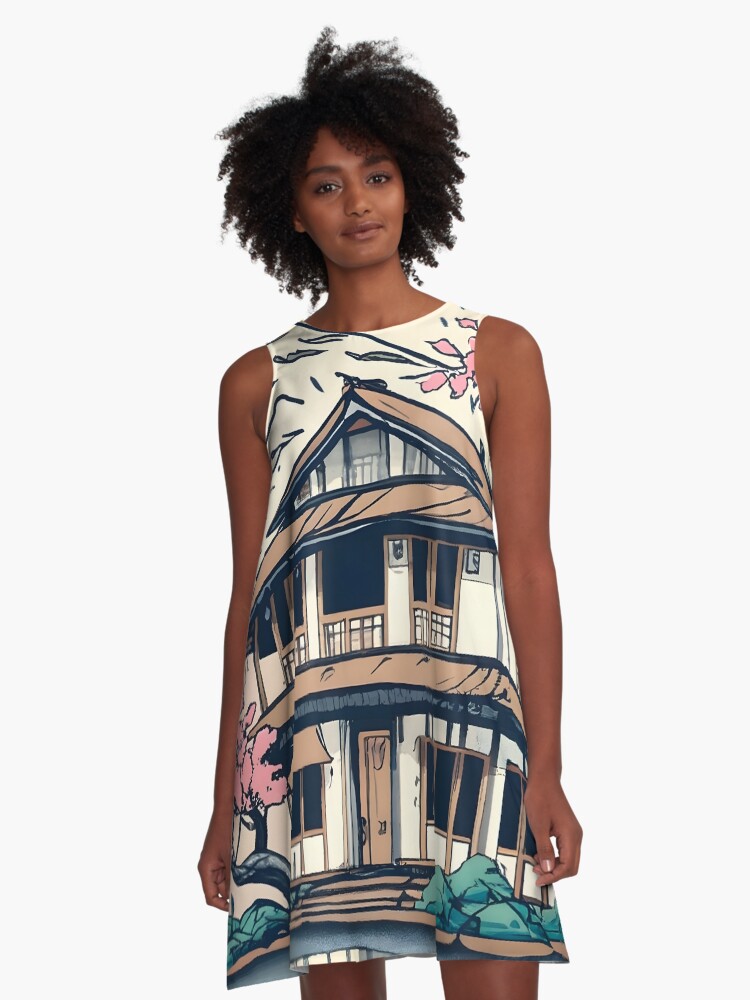 Thumbnail 1 of 4, A-Line Dress, Old abandoned Traditional Japanese house Minka Drawing designed and sold by Patricks-Art.