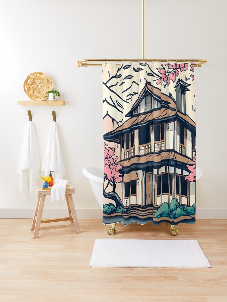 Thumbnail 1 of 5, Shower Curtain, Old abandoned Traditional Japanese house Minka Drawing designed and sold by Patricks-Art.