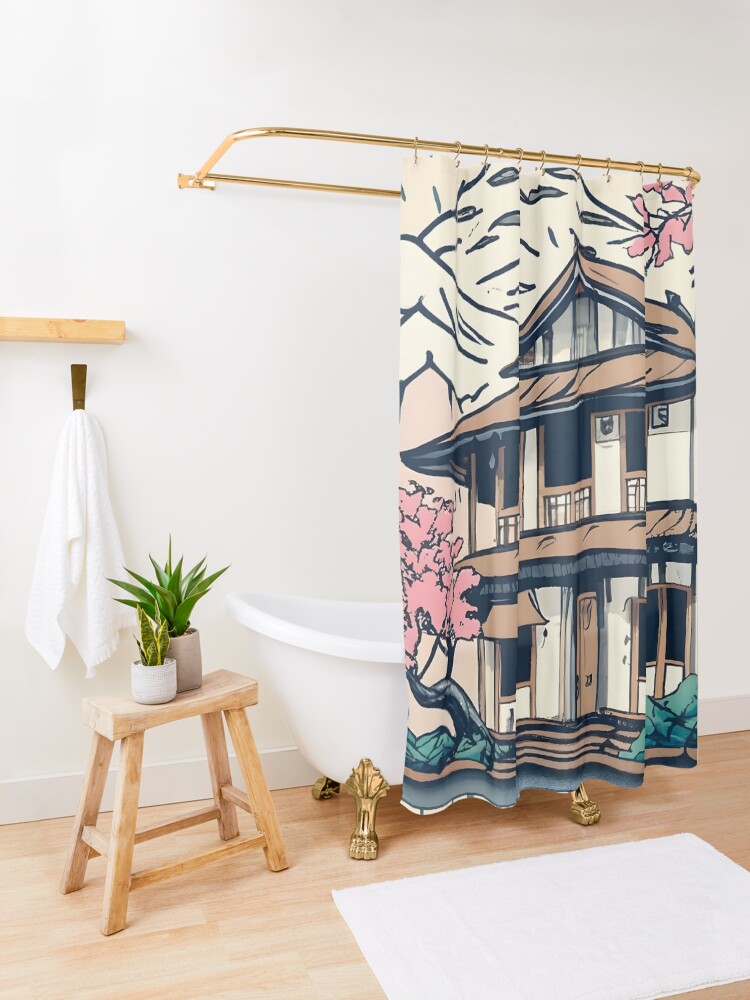 Thumbnail 3 of 5, Shower Curtain, Old abandoned Traditional Japanese house Minka Drawing designed and sold by Patricks-Art.