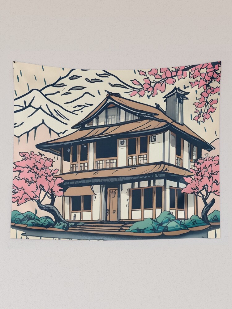 Thumbnail 2 of 3, Tapestry, Old abandoned Traditional Japanese house Minka Drawing designed and sold by Patricks-Art.