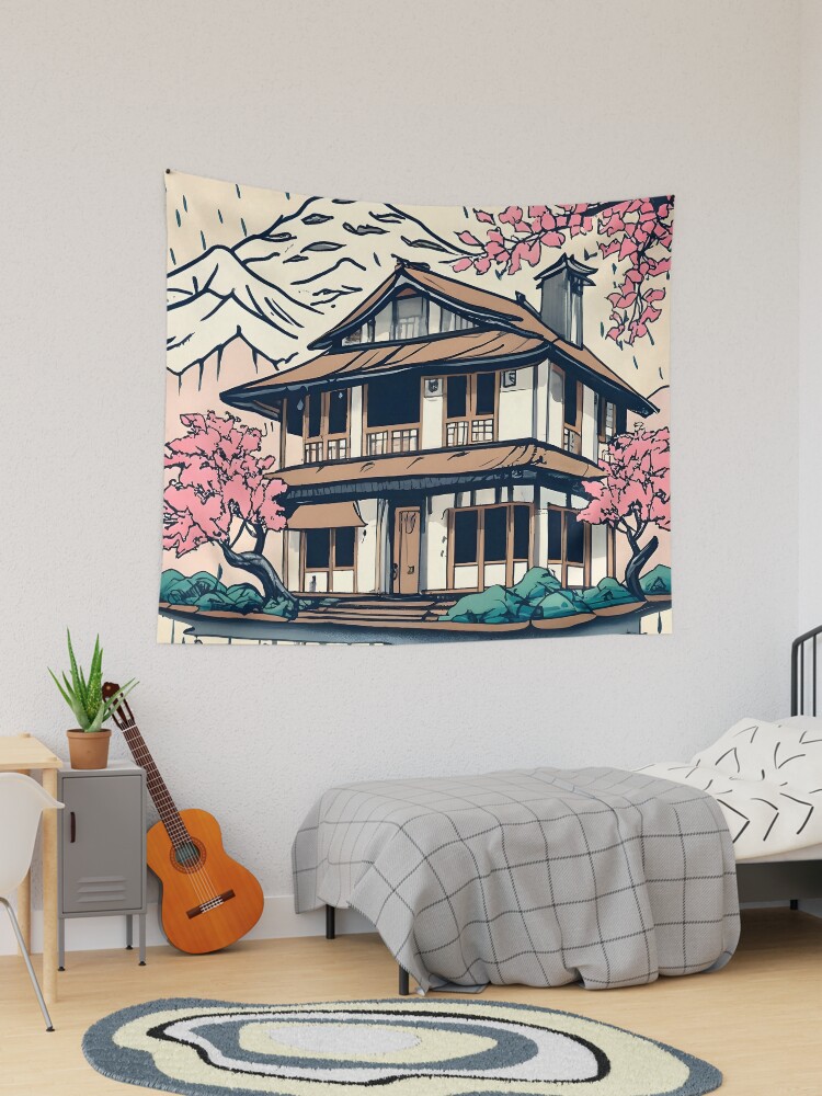 Thumbnail 1 of 3, Tapestry, Old abandoned Traditional Japanese house Minka Drawing designed and sold by Patricks-Art.