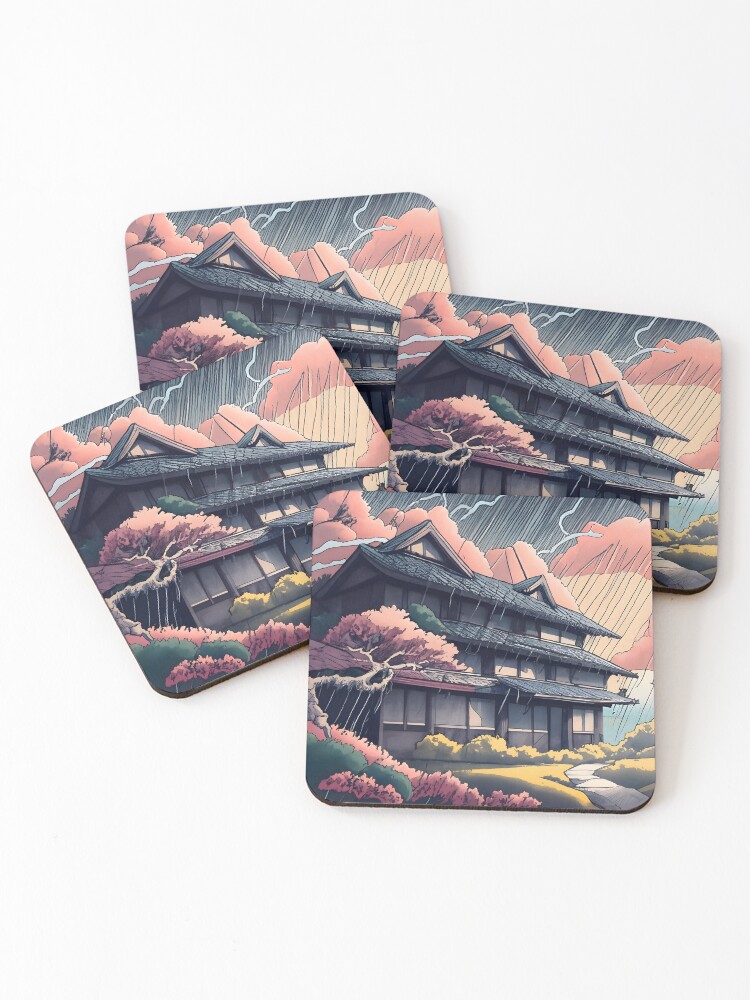 Thumbnail 1 of 5, Coasters (Set of 4), Old abandoned Traditional Japanese house Minka, minimalistic ink drawing style designed and sold by Patricks-Art.