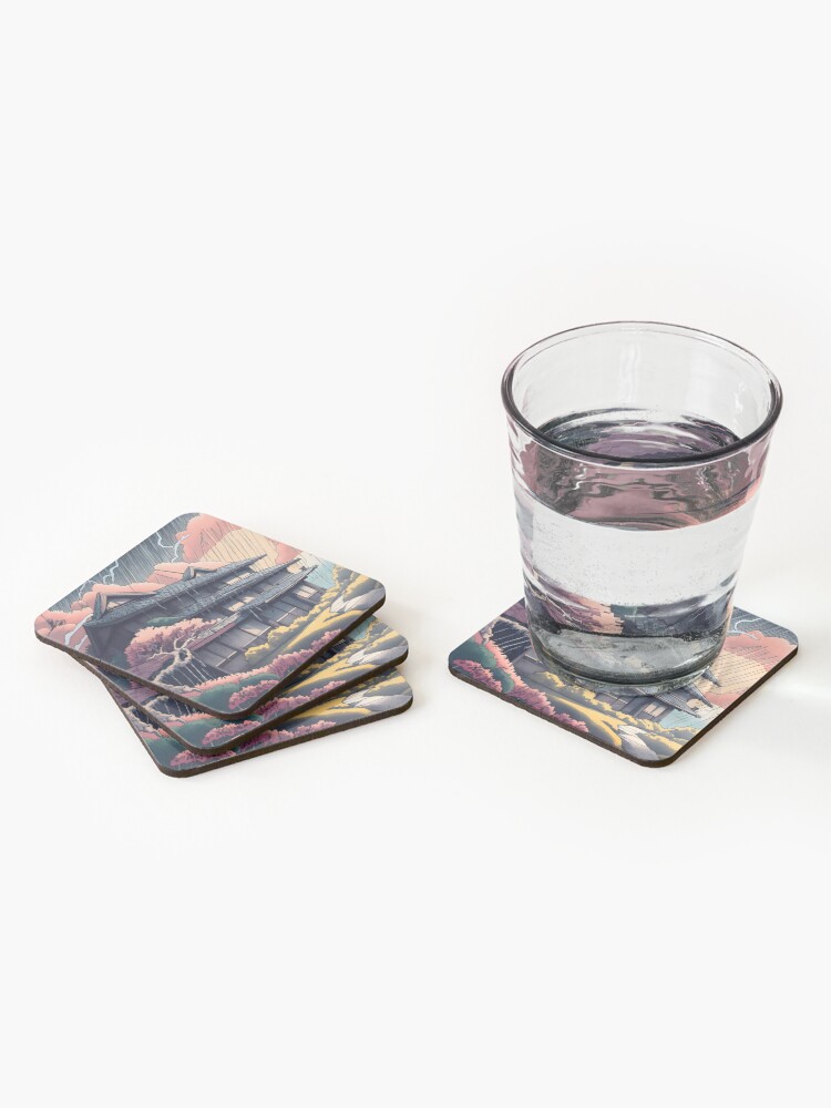 Thumbnail 2 of 5, Coasters (Set of 4), Old abandoned Traditional Japanese house Minka, minimalistic ink drawing style designed and sold by Patricks-Art.