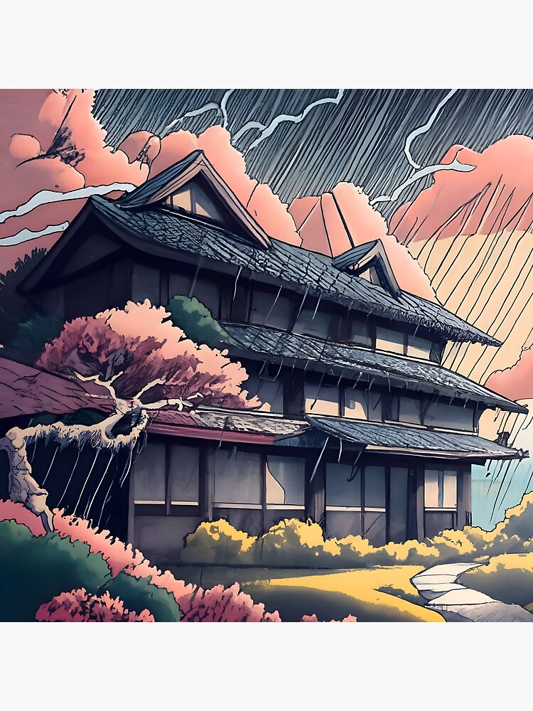 Thumbnail 3 of 3, Pin, Old abandoned Traditional Japanese house Minka, minimalistic ink drawing style designed and sold by Patricks-Art.