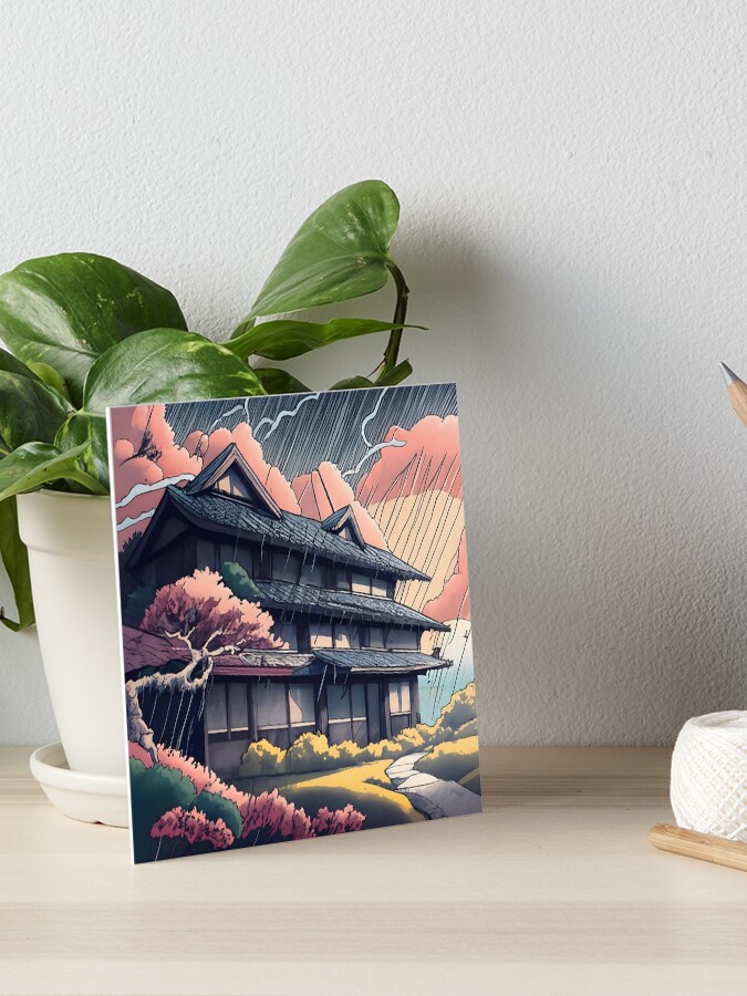 Thumbnail 1 of 2, Art Board Print, Old abandoned Traditional Japanese house Minka, minimalistic ink drawing style designed and sold by Patricks-Art.
