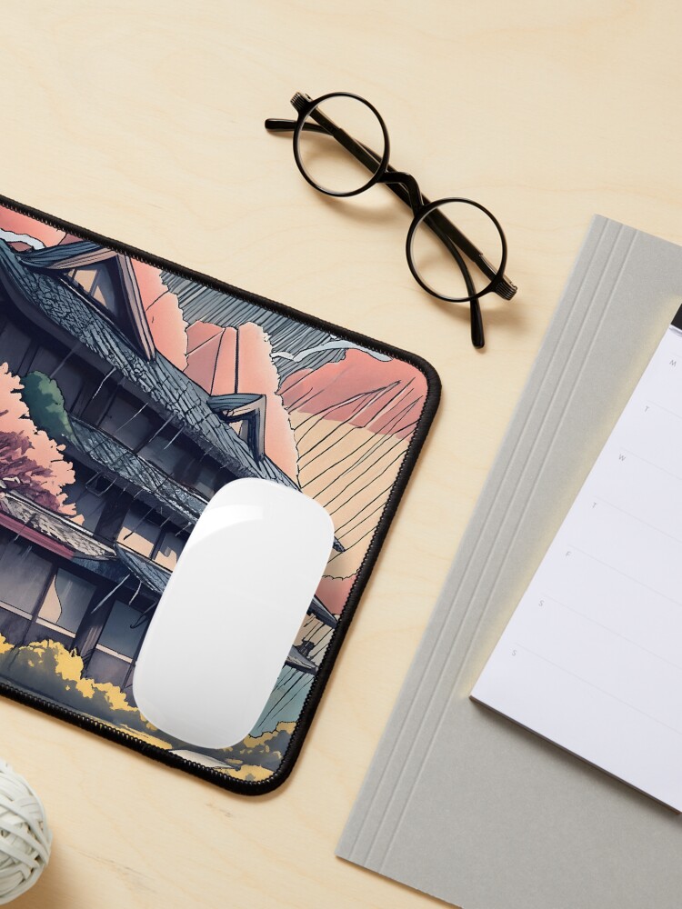 Thumbnail 3 of 5, Mouse Pad, Old abandoned Traditional Japanese house Minka, minimalistic ink drawing style designed and sold by Patricks-Art.