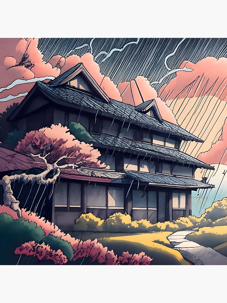 Thumbnail 4 of 4, Pillow, Old abandoned Traditional Japanese house Minka, minimalistic ink drawing style designed and sold by Patricks-Art.