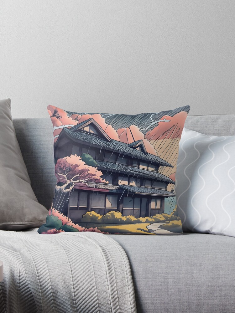 Thumbnail 1 of 4, Pillow, Old abandoned Traditional Japanese house Minka, minimalistic ink drawing style designed and sold by Patricks-Art.