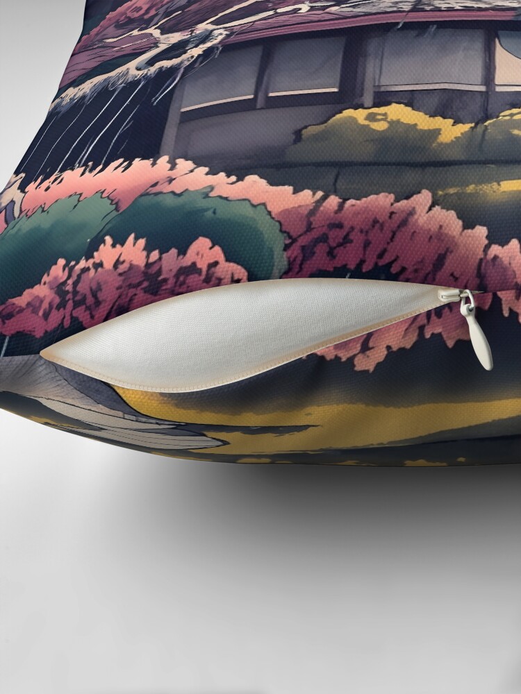 Thumbnail 2 of 4, Pillow, Old abandoned Traditional Japanese house Minka, minimalistic ink drawing style designed and sold by Patricks-Art.