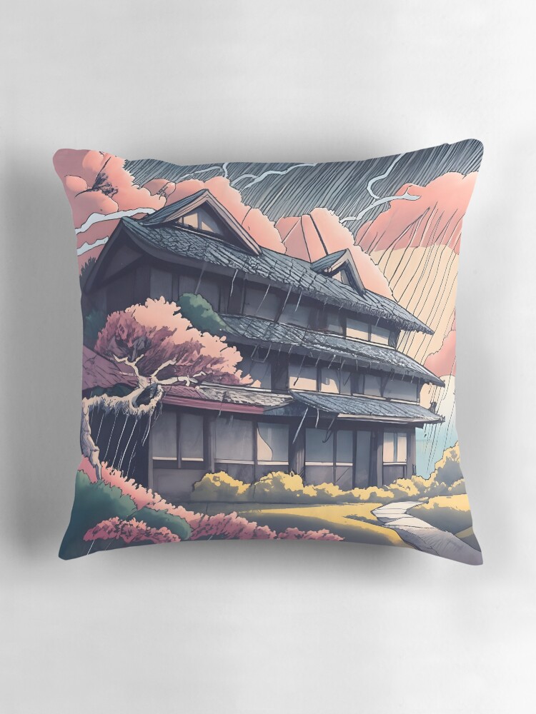 Thumbnail 3 of 4, Pillow, Old abandoned Traditional Japanese house Minka, minimalistic ink drawing style designed and sold by Patricks-Art.