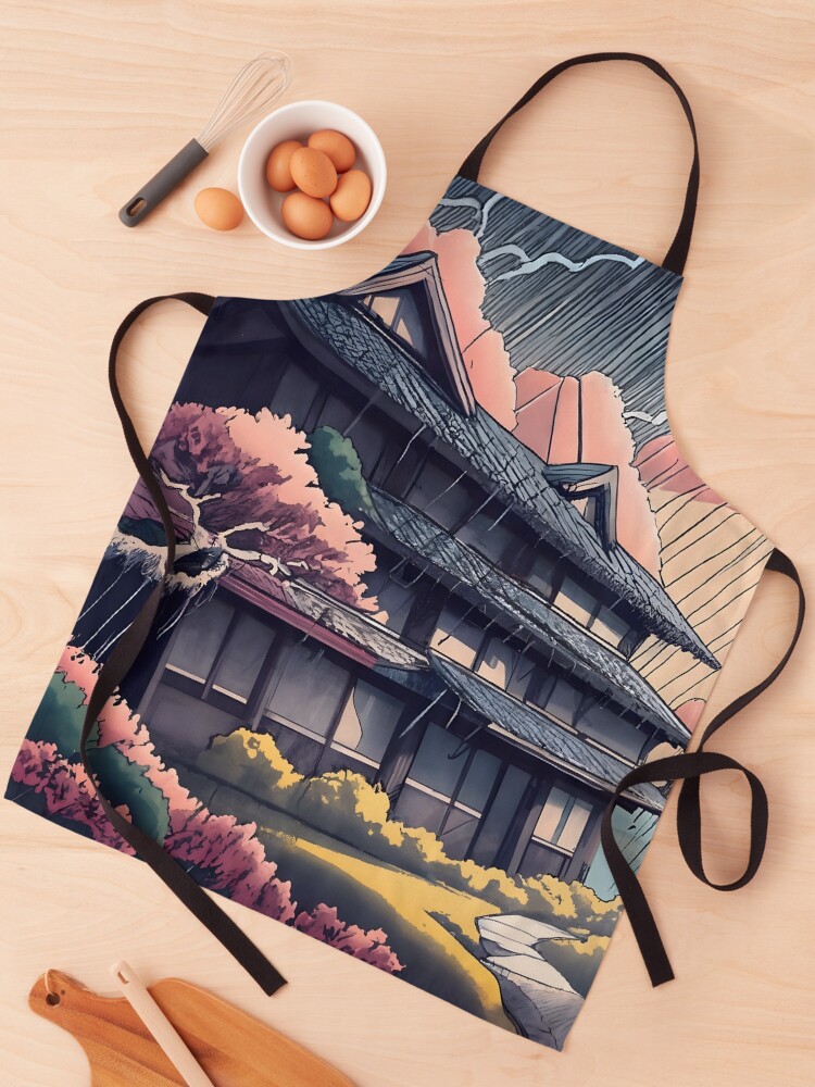 Thumbnail 1 of 6, Apron, Old abandoned Traditional Japanese house Minka, minimalistic ink drawing style designed and sold by Patricks-Art.