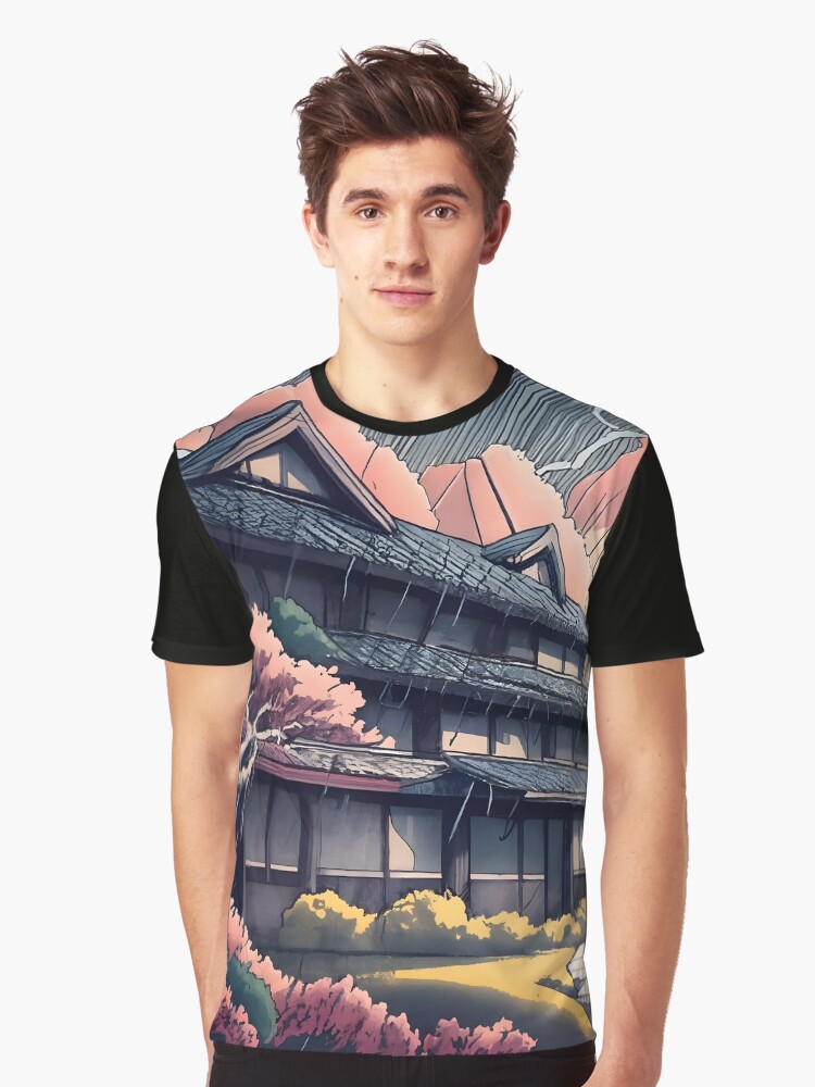 Thumbnail 1 of 5, Graphic T-Shirt, Old abandoned Traditional Japanese house Minka, minimalistic ink drawing style designed and sold by Patricks-Art.