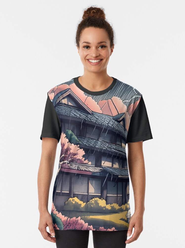 Thumbnail 2 of 5, Graphic T-Shirt, Old abandoned Traditional Japanese house Minka, minimalistic ink drawing style designed and sold by Patricks-Art.