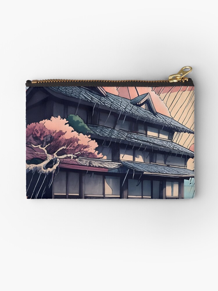 Thumbnail 1 of 4, Zipper Pouch, Old abandoned Traditional Japanese house Minka, minimalistic ink drawing style designed and sold by Patricks-Art.