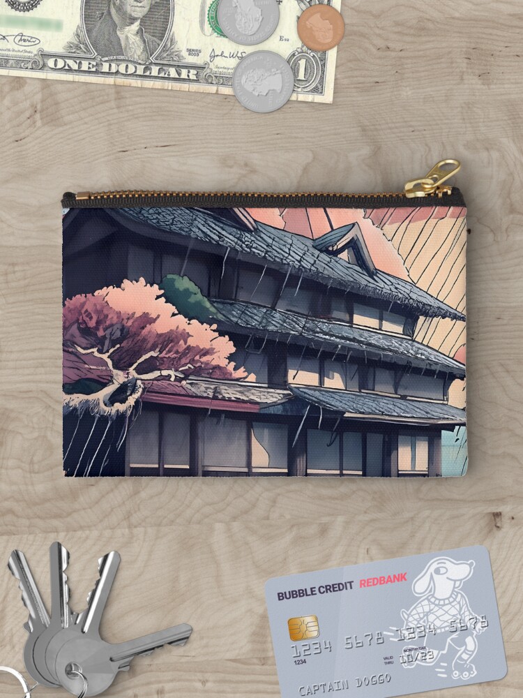Thumbnail 3 of 4, Zipper Pouch, Old abandoned Traditional Japanese house Minka, minimalistic ink drawing style designed and sold by Patricks-Art.