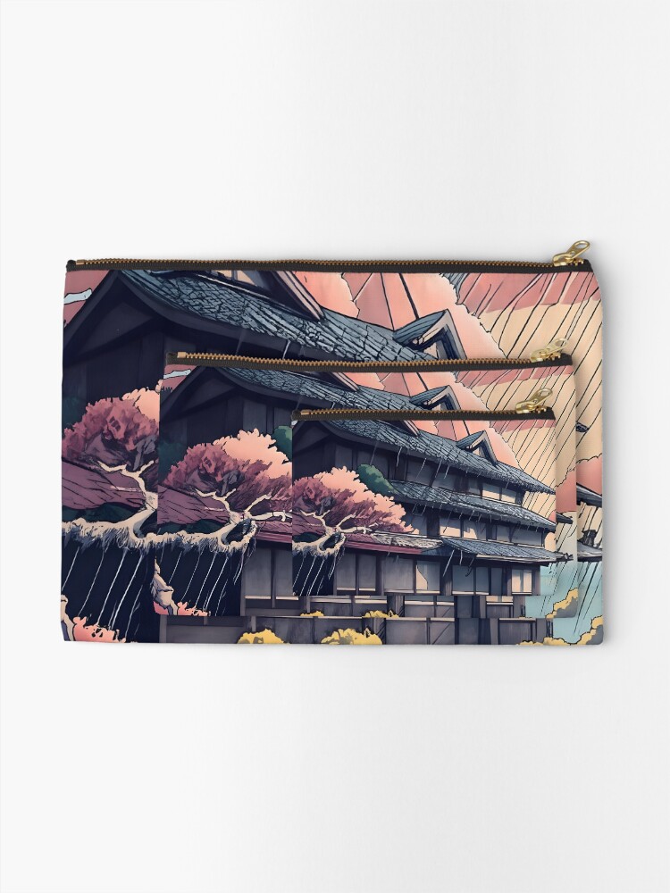 Thumbnail 2 of 4, Zipper Pouch, Old abandoned Traditional Japanese house Minka, minimalistic ink drawing style designed and sold by Patricks-Art.