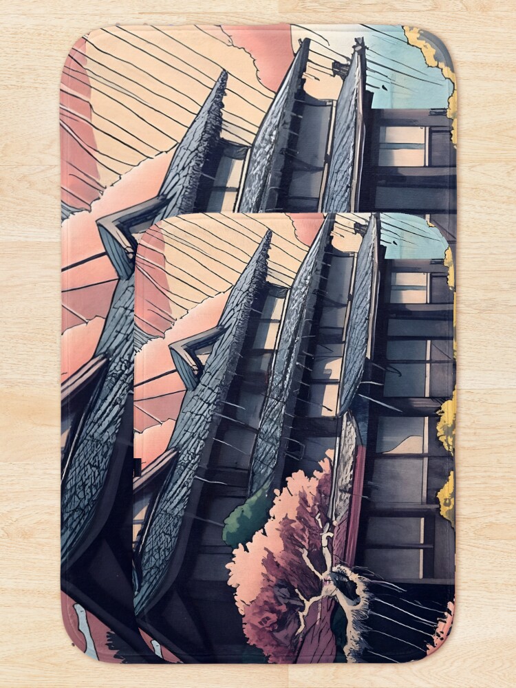Thumbnail 5 of 6, Bath Mat, Old abandoned Traditional Japanese house Minka, minimalistic ink drawing style designed and sold by Patricks-Art.