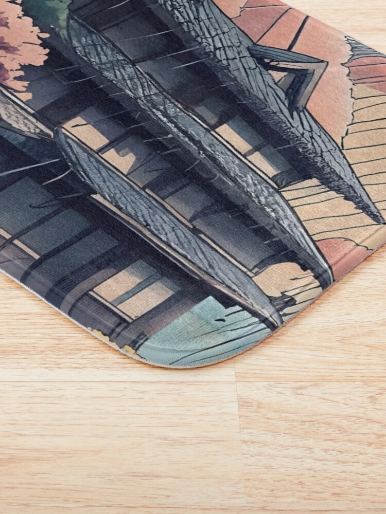 Thumbnail 3 of 6, Bath Mat, Old abandoned Traditional Japanese house Minka, minimalistic ink drawing style designed and sold by Patricks-Art.