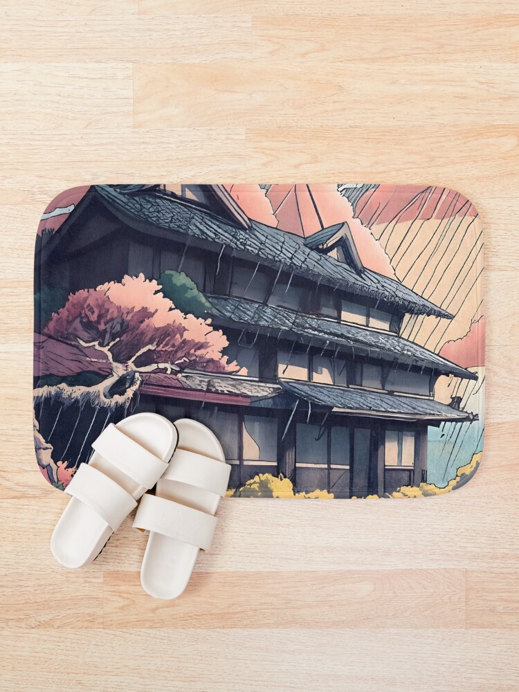 Thumbnail 1 of 6, Bath Mat, Old abandoned Traditional Japanese house Minka, minimalistic ink drawing style designed and sold by Patricks-Art.