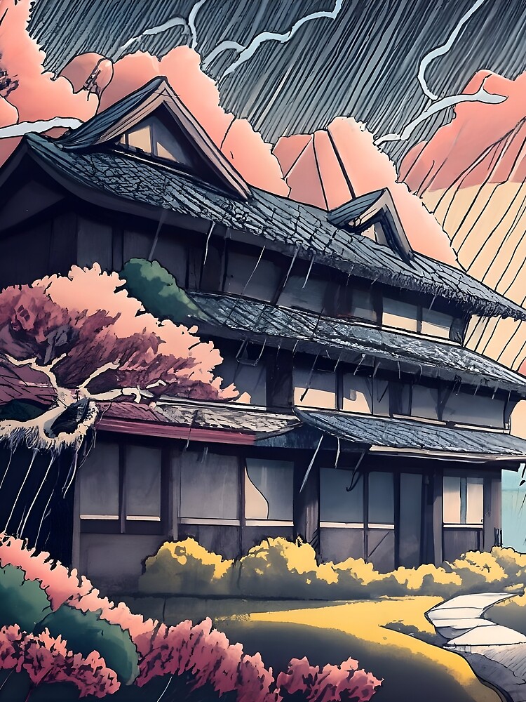 Thumbnail 3 of 3, Scarf, Old abandoned Traditional Japanese house Minka, minimalistic ink drawing style designed and sold by Patricks-Art.
