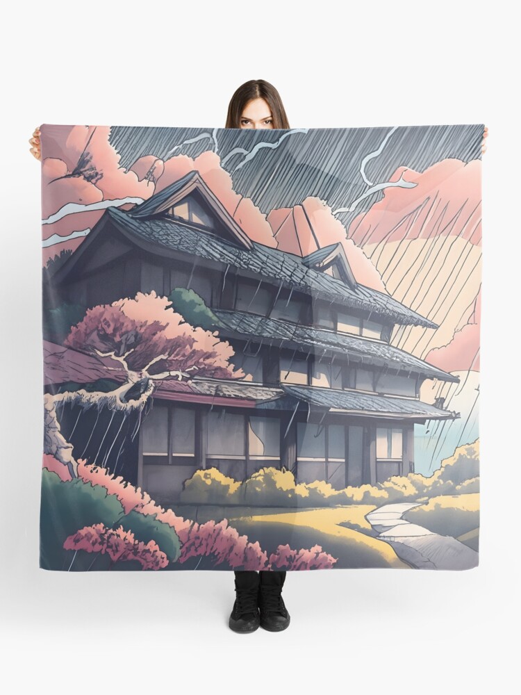 Thumbnail 1 of 3, Scarf, Old abandoned Traditional Japanese house Minka, minimalistic ink drawing style designed and sold by Patricks-Art.