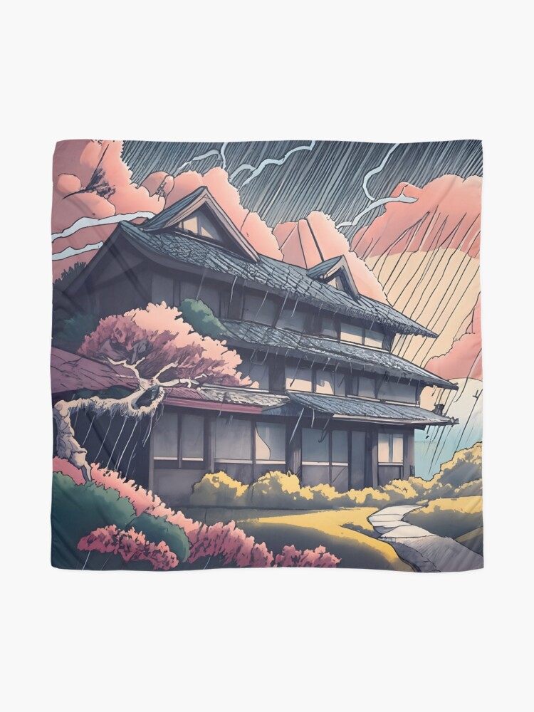 Thumbnail 2 of 3, Scarf, Old abandoned Traditional Japanese house Minka, minimalistic ink drawing style designed and sold by Patricks-Art.