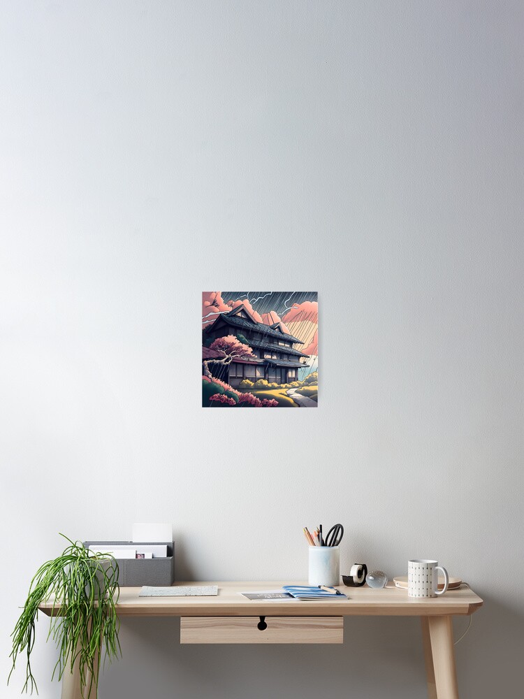 Thumbnail 2 of 3, Poster, Old abandoned Traditional Japanese house Minka, minimalistic ink drawing style designed and sold by Patricks-Art.