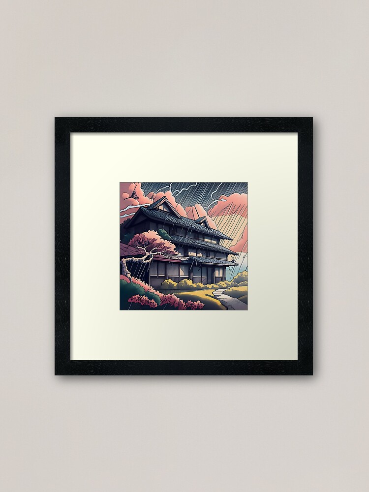 Thumbnail 1 of 7, Framed Art Print, Old abandoned Traditional Japanese house Minka, minimalistic ink drawing style designed and sold by Patricks-Art.