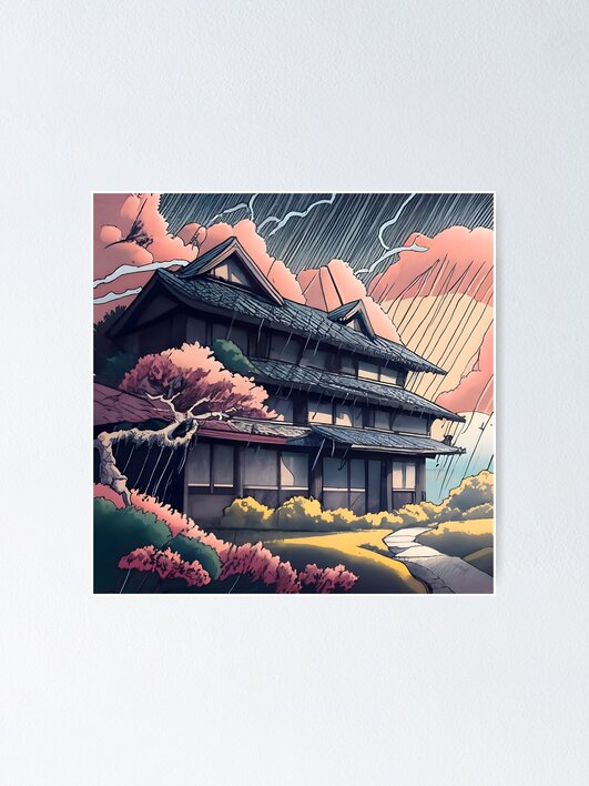 Thumbnail 1 of 3, Poster, Old abandoned Traditional Japanese house Minka, minimalistic ink drawing style designed and sold by Patricks-Art.