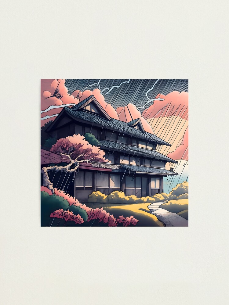 Thumbnail 1 of 3, Photographic Print, Old abandoned Traditional Japanese house Minka, minimalistic ink drawing style designed and sold by Patricks-Art.