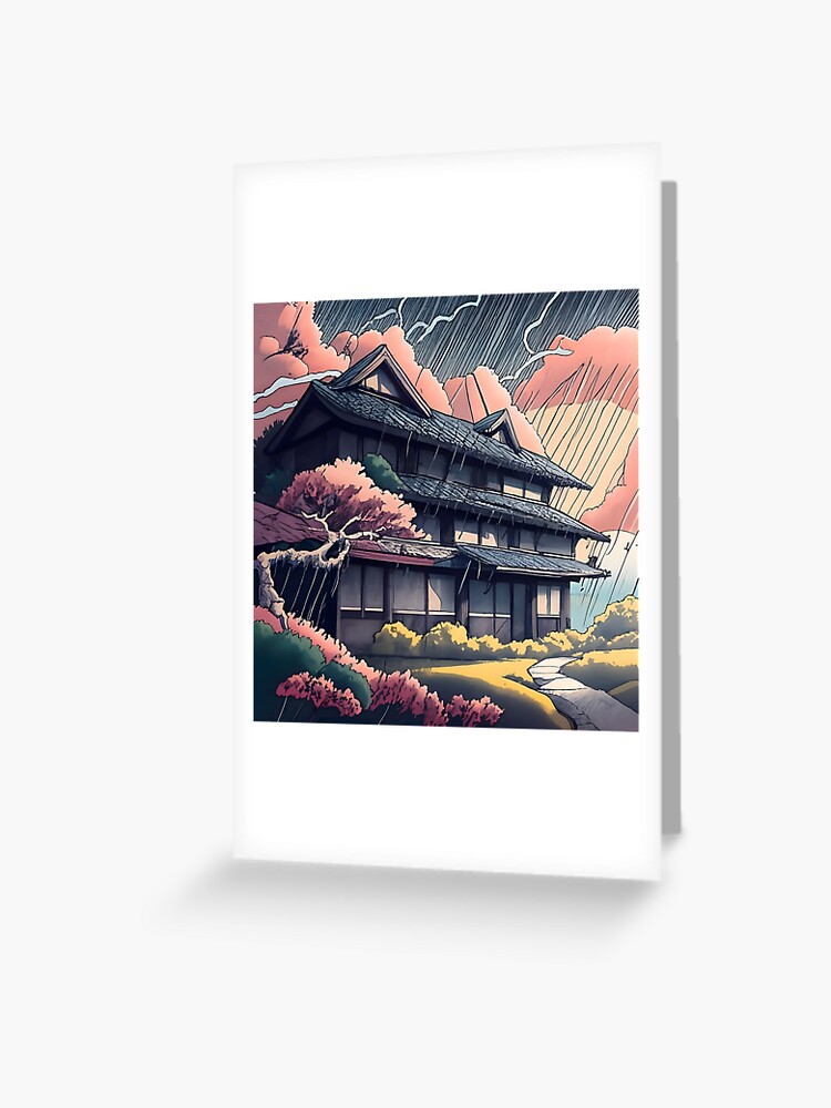 Thumbnail 1 of 2, Greeting Card, Old abandoned Traditional Japanese house Minka, minimalistic ink drawing style designed and sold by Patricks-Art.