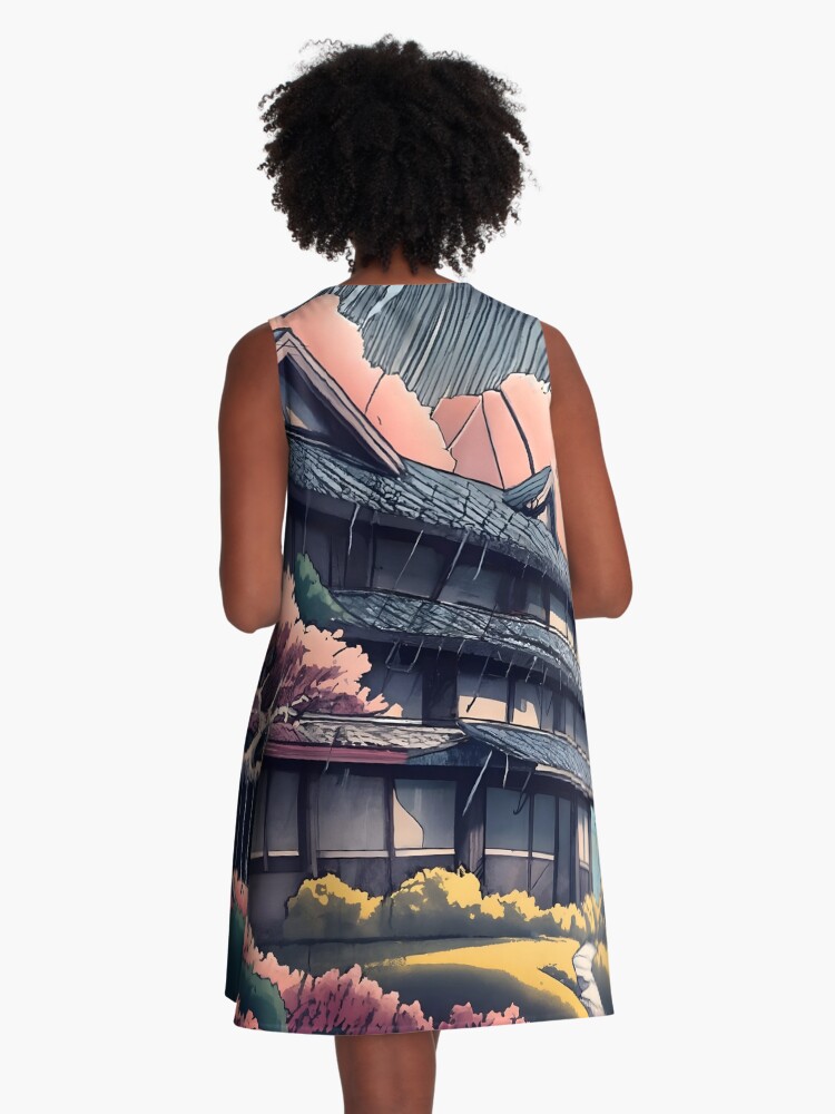 Thumbnail 3 of 4, A-Line Dress, Old abandoned Traditional Japanese house Minka, minimalistic ink drawing style designed and sold by Patricks-Art.