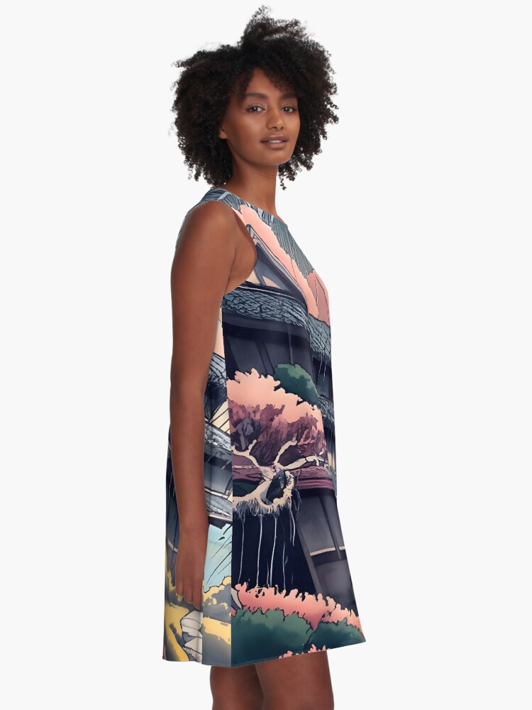 Thumbnail 2 of 4, A-Line Dress, Old abandoned Traditional Japanese house Minka, minimalistic ink drawing style designed and sold by Patricks-Art.