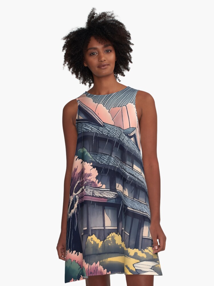 Thumbnail 1 of 4, A-Line Dress, Old abandoned Traditional Japanese house Minka, minimalistic ink drawing style designed and sold by Patricks-Art.