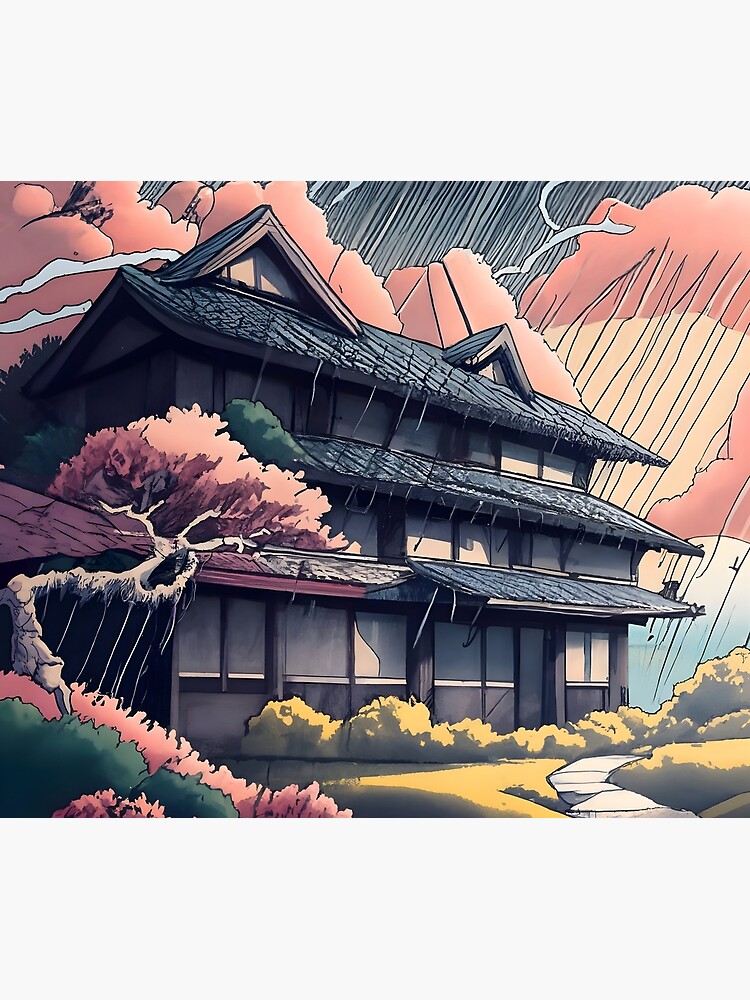 Thumbnail 3 of 3, Tapestry, Old abandoned Traditional Japanese house Minka, minimalistic ink drawing style designed and sold by Patricks-Art.