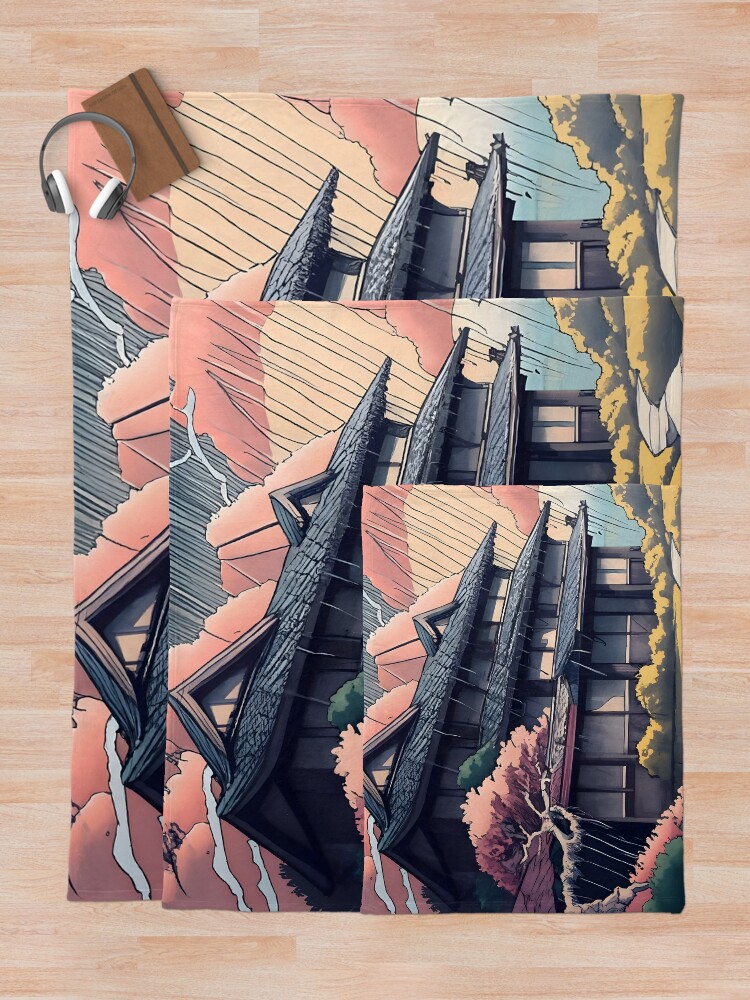 Thumbnail 5 of 6, Throw Blanket, Old abandoned Traditional Japanese house Minka, minimalistic ink drawing style designed and sold by Patricks-Art.