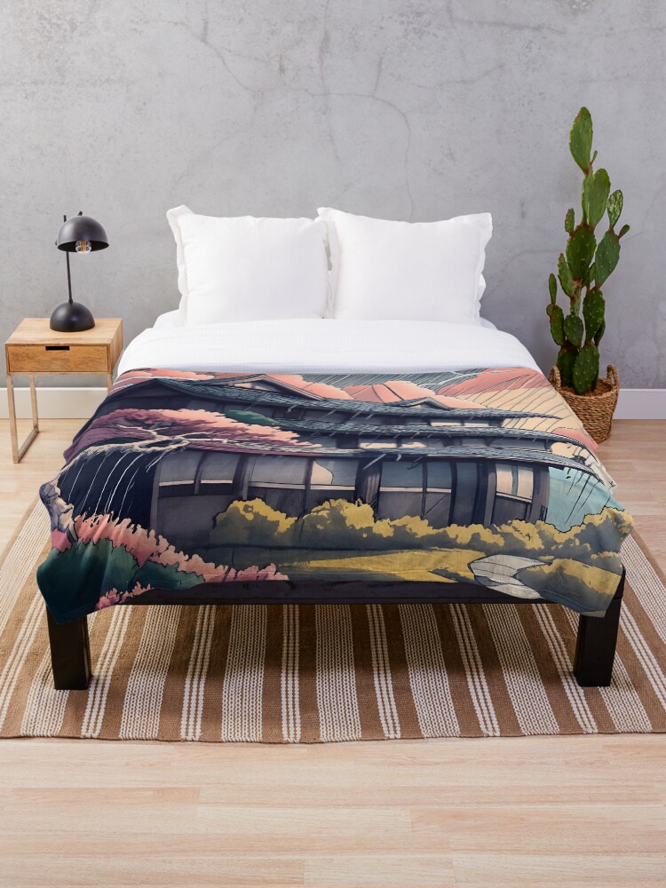 Thumbnail 1 of 6, Throw Blanket, Old abandoned Traditional Japanese house Minka, minimalistic ink drawing style designed and sold by Patricks-Art.