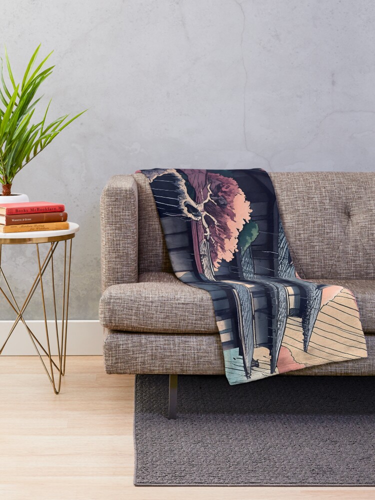 Thumbnail 2 of 6, Throw Blanket, Old abandoned Traditional Japanese house Minka, minimalistic ink drawing style designed and sold by Patricks-Art.
