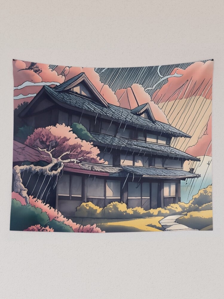 Thumbnail 2 of 3, Tapestry, Old abandoned Traditional Japanese house Minka, minimalistic ink drawing style designed and sold by Patricks-Art.