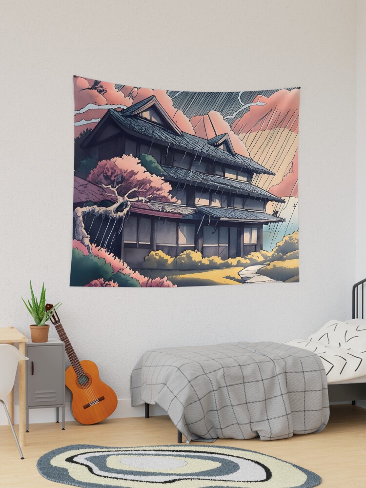 Thumbnail 1 of 3, Tapestry, Old abandoned Traditional Japanese house Minka, minimalistic ink drawing style designed and sold by Patricks-Art.