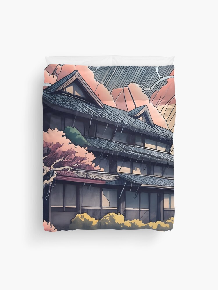 Thumbnail 1 of 2, Duvet Cover, Old abandoned Traditional Japanese house Minka, minimalistic ink drawing style designed and sold by Patricks-Art.