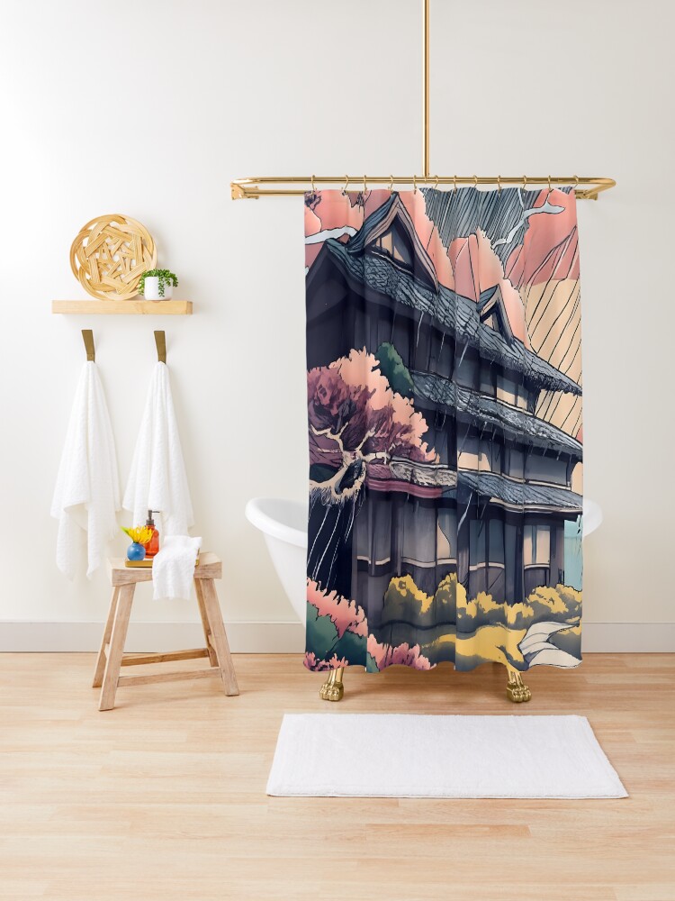 Thumbnail 1 of 5, Shower Curtain, Old abandoned Traditional Japanese house Minka, minimalistic ink drawing style designed and sold by Patricks-Art.