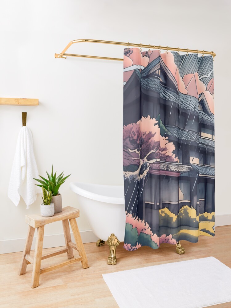 Thumbnail 3 of 5, Shower Curtain, Old abandoned Traditional Japanese house Minka, minimalistic ink drawing style designed and sold by Patricks-Art.