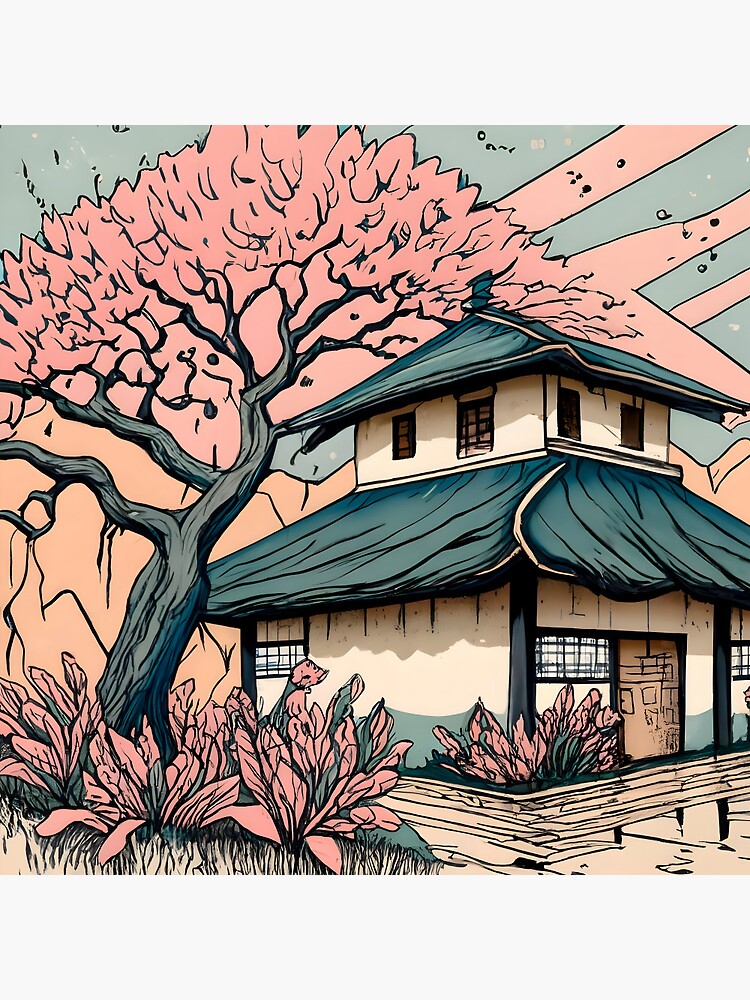 Thumbnail 3 of 3, Pin, Old abandoned Traditional Japanese house Minka Drawing designed and sold by Patricks-Art.