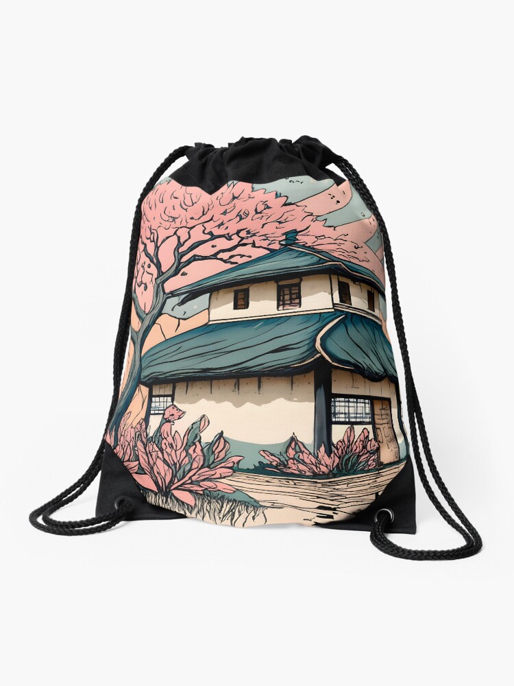 Thumbnail 1 of 3, Drawstring Bag, Old abandoned Traditional Japanese house Minka Drawing designed and sold by Patricks-Art.