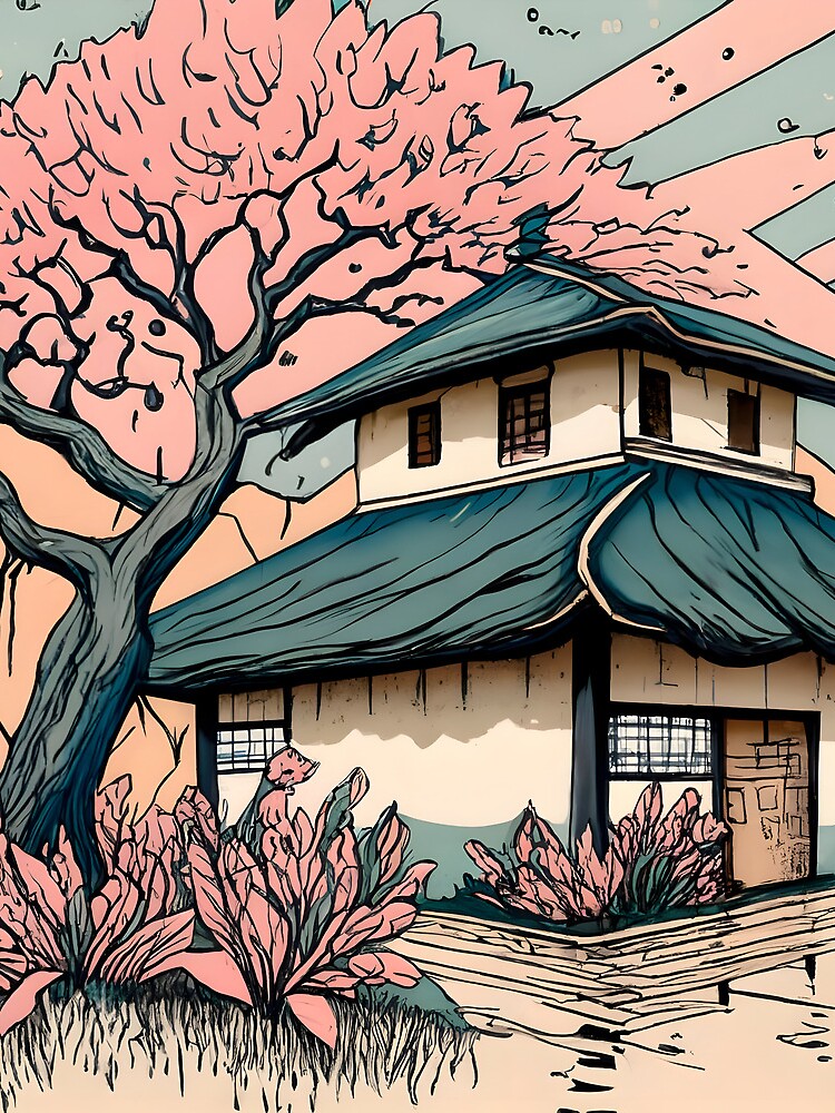 Thumbnail 3 of 3, Drawstring Bag, Old abandoned Traditional Japanese house Minka Drawing designed and sold by Patricks-Art.