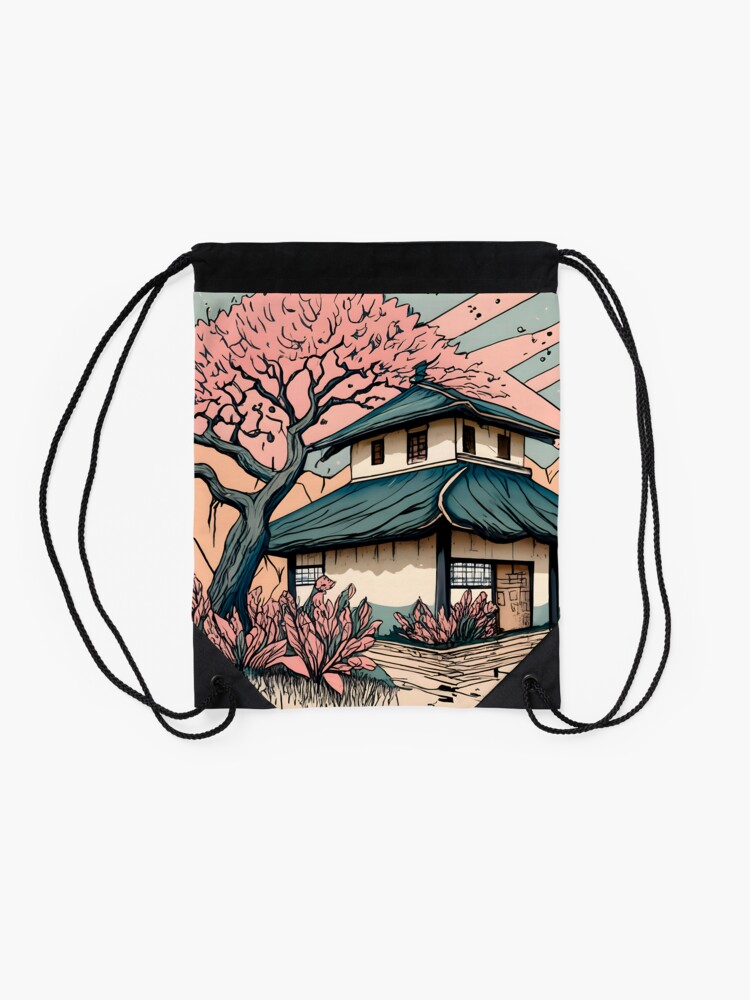 Thumbnail 2 of 3, Drawstring Bag, Old abandoned Traditional Japanese house Minka Drawing designed and sold by Patricks-Art.